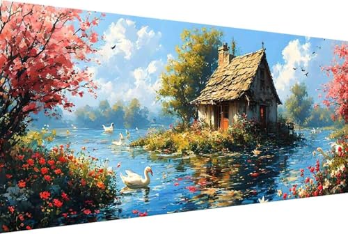 Holzhaus Malen Nach Zahlen Fluss Malen Nach Zahlen Erwachsene Gerahmt Paint by Numbers, mit Pinseln und Acrylfarben Leinwand Art Kits Paint by Numbers Adult Home Haus Deko Geschenke 100x200cm -45hH von Zgcoyeo