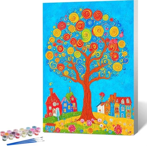 Landschaft Malen Nach Zahlen Baum Malen Nach Zahlen Erwachsene Rahmenlos Paint by Numbers Kit, DIY Malen Nach Zahlen Kinder mit Pinseln und Acrylfarben, für Geschenke und Heimdekoration 30x40 cm 2-8 von Zgcoyeo