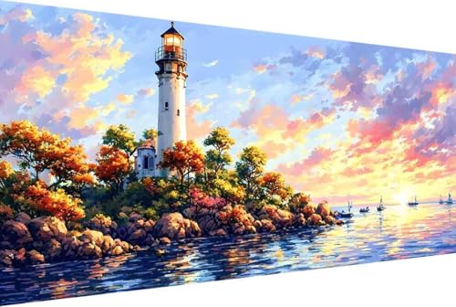 Landschaft Malen Nach Zahlen Erwachsene Rahmenlos Leuchtturm Malen Nach Zahlen XXL 60x120cm Paint by Numbers Adult mit Acrylfarben Set und 4 Pinsel Ölgemälde Leinwand Bastelset Heimdekoration -35k0 von Zgcoyeo