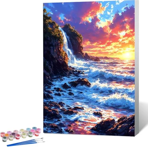 Landschaft Malen Nach Zahlen Meer Malen Nach Zahlen Erwachsene Rahmenlos Paint by Numbers Kit, DIY Malen Nach Zahlen Kinder mit Pinseln und Acrylfarben, für Geschenke und Heimdekoration 60x80 cm R-W von Zgcoyeo