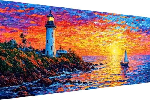 Leuchtturm Malen Nach Zahlen Erwachsene Rahmenlos Landschaft Malen Nach Zahlen XXL 100x200cm Paint by Numbers Adult mit Acrylfarben Set und 4 Pinsel Ölgemälde Leinwand Bastelset Heimdekoration -36k4 von Zgcoyeo