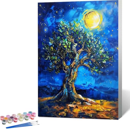 Malen Nach Zahlen Erwachsene Baum Malen Nach Zahlen mit Rahmen Malen Nach Zahlen Klein 30x40 cm Paint by Numbers Adult mit Pinseln und Acrylfarben Bastelset Geschenke und Home Haus Deko (Mond) 9-D von Zgcoyeo