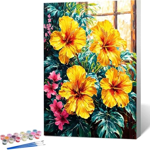 Malen Nach Zahlen Erwachsene Blatt Malen Nach Zahlen mit Rahmen Malen Nach Zahlen Klein 50x65 cm Paint by Numbers Adult mit Pinseln und Acrylfarben Bastelset Geschenke und Home Haus Deko (Blume) 3-W von Zgcoyeo