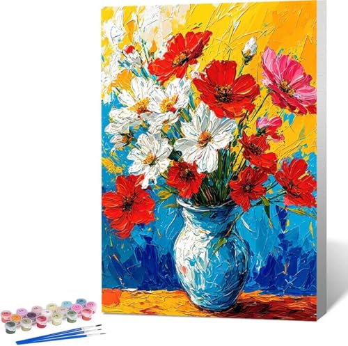 Malen Nach Zahlen Erwachsene Blume Malen Nach Zahlen mit Rahmen Malen Nach Zahlen Klein 30x40 cm Paint by Numbers Adult mit Pinseln und Acrylfarben Bastelset Geschenke und Home Haus Deko (Vase) 2-7 von Zgcoyeo