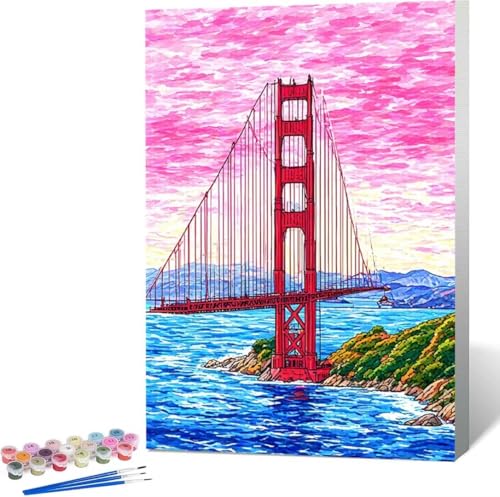 Malen Nach Zahlen Erwachsene Golden Gate Bridge Malen Nach Zahlen mit Rahmen Malen Nach Zahlen Klein 100x135 cm Paint by Numbers Adult mit Pinseln und Acrylfarben, Home Haus Deko (Landschaft) W-3 von Zgcoyeo