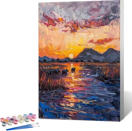 Malen Nach Zahlen Erwachsene Landschaft Malen Nach Zahlen mit Rahmen Malen Nach Zahlen Klein 60x80 cm Paint by Numbers Adult mit Pinseln und Acrylfarben Home Haus Deko Geschenke (Sonnenuntergang) 1-U von Zgcoyeo