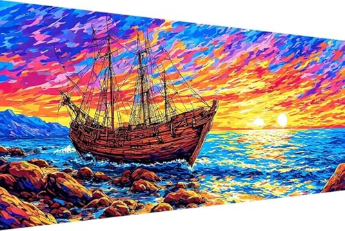 Meer Malen Nach Zahlen Erwachsene Gerahmt Boot Malen Nach Zahlen Klein 30x60cm Paint by Numbers Adult mit Acrylfarben Set und 4 Pinsel Ölgemälde Leinwand Bastelset Geschenke und Heimdekoration -40rX von Zgcoyeo