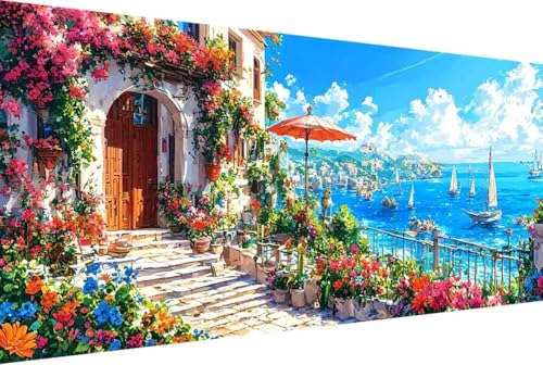 Meer Malen Nach Zahlen Erwachsene Gerahmt Landschaft Malen Nach Zahlen XXL 70x140cm Paint by Numbers Adult mit Acrylfarben Set und 4 Pinsel Ölgemälde Leinwand Bastelset Heimdekoration Geschenke -76y4 von Zgcoyeo