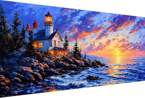 Meer Malen Nach Zahlen Erwachsene Gerahmt Leuchtturm Malen Nach Zahlen XXL 100x200cm Paint by Numbers Adult mit Acrylfarben Set und 4 Pinsel Ölgemälde Leinwand Bastelset Heimdekoration Geschenke -475B von Zgcoyeo