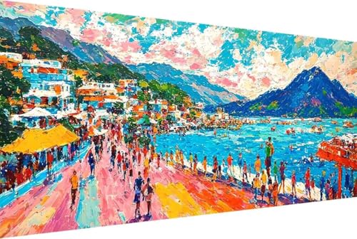 Meer Malen Nach Zahlen Erwachsene Gerahmt Strand Malen Nach Zahlen XXL 70x140cm Paint by Numbers Adult mit Acrylfarben Set und 4 Pinsel Ölgemälde Leinwand Bastelset Geschenke und Heimdekoration -42r0 von Zgcoyeo