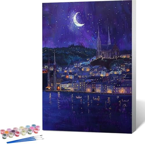 Mond Malen Nach Zahlen Nachtansicht Malen Nach Zahlen Erwachsene Rahmenlos Paint by Numbers Kit, DIY Malen Nach Zahlen Kinder mit Pinseln und Acrylfarben, für Geschenke und Heimdekoration 30x40 cm 4-3 von Zgcoyeo