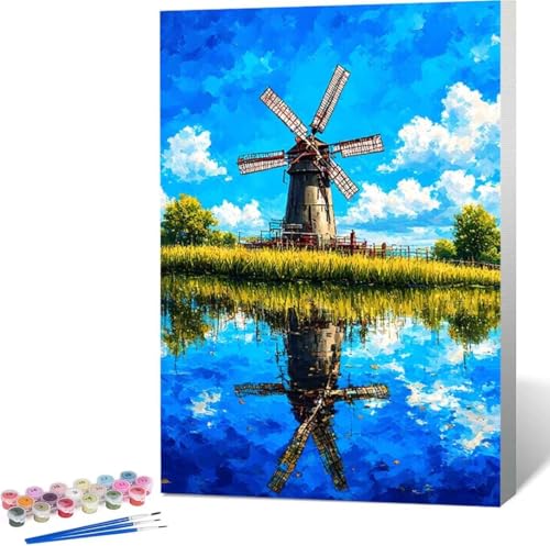 WindmüHle Malen Nach Zahlen Landschaft Malen Nach Zahlen Erwachsene Rahmenlos Paint by Numbers Kit, DIY Malen Nach Zahlen Kinder mit Pinseln und Acrylfarben, Heimdekoration Geschenke 100x135 cm 6-U von Zgcoyeo