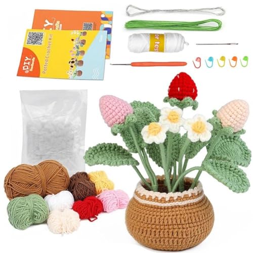 Zghhc 1 Set Häkelblumen-Set Für Anfänger, Einfaches Strickzubehör-Set Anleitung, Blumenstrauß Im Topf, DIY-häkelsets von Zghhc