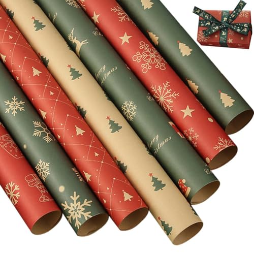 Zghhc 7 Stück Weihnachts-Geschenkpapier, Geschenkverpackung, Weihnachtsbaum, Schneeflocke, Elch-Muster, Bastelpapier Für Weihnachtsfeier, Festliche Dekorationen von Zghhc