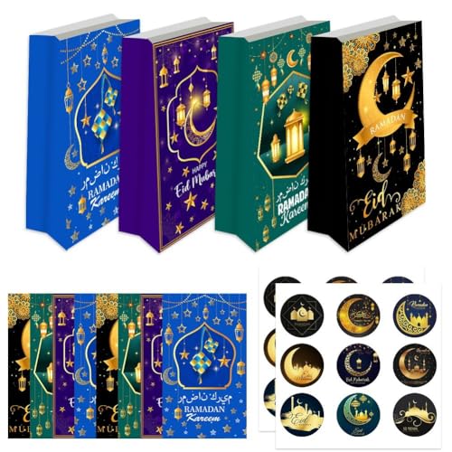 Zghhc Eid Mubarak Partybevorzugungs-papiertüten-Set, 12 Stück Eid Fitr-geschenktüten 18 Etikettenaufklebern, Muslimisches Ramadan-Thema, Süßigkeiten-keks-Tasche von Zghhc