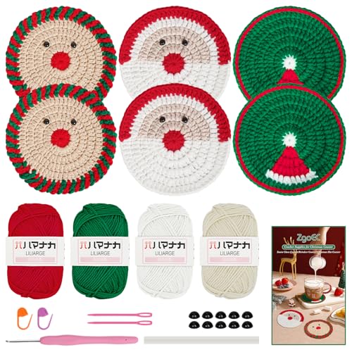 ZgoEC Weihnachten Häkelset für Anfänger Erwachsene, Weihnachtsuntersetzer Häkelnadel Set mit Video Anleitungen, Häkelgarn 4 x 25g, Wolle zum Häckeln Stricken Set für Tochter, Häkel Starter Geschenk von ZgoEC