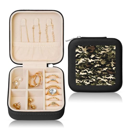 ZhanGM Schwarze quadratische Leder-Schmuckschatulle – tragbare Aufbewahrungsbox mit Camouflage-Druck für Damenringe, Ohrringe, Halsketten und Armbänder von ZhanGM