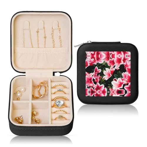 ZhanGM Schwarze quadratische Leder-Schmuckschatulle – tragbare Beauty-rosa Blumendruck-Aufbewahrung für Damenringe, Ohrringe, Halsketten und Armbänder von ZhanGM