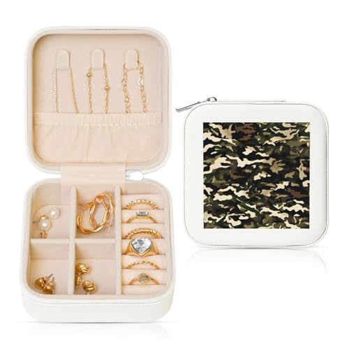 ZhanGM Weiße quadratische Leder-Schmuckschatulle – tragbare Aufbewahrungsbox mit Camouflage-Druck für Damenringe, Ohrringe, Halsketten und Armbänder von ZhanGM