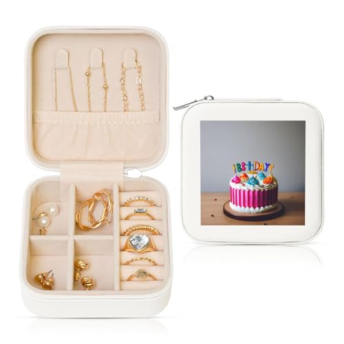 ZhanGM Weiße quadratische Leder-Schmuckschatulle – tragbare Happy Birthday-Kuchen-Aufdruck-Aufbewahrung für Damenringe, Ohrringe, Halsketten und Armbänder von ZhanGM