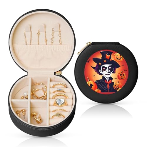 ZhanMg Happy Halloween Runde Schmuckschatulle aus Leder – tragbare Aufbewahrung für Ringe, Halsketten, Armbänder – mit herausnehmbarem Pad von ZhanMg