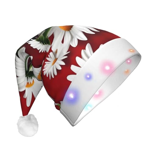 ZhanMg LED-Weihnachtsmütze mit roten Blumen und weißen Gänseblümchen für Erwachsene, klassisch, bunt, Weihnachtsmann, Neujahr, Party, Kopfschmuck, Urlaubs-Plüschkappe von ZhanMg