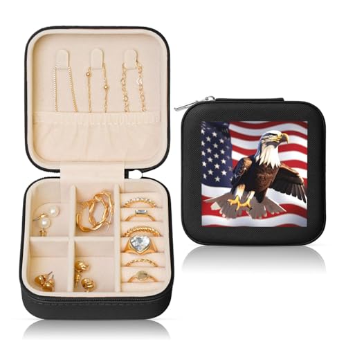 ZhanMg Quadratische Leder-Schmuckschatulle mit Weißkopfseeadler mit amerikanischer Flagge, ideale Reiseaufbewahrung für Ringe, Ohrringe, Halsketten, Armbänder – herausnehmbares Pad von ZhanMg