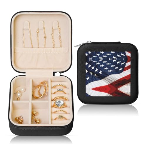 ZhanMg Quadratische Leder-Schmuckschatulle mit amerikanischer Flagge, ideale Reiseaufbewahrung für Ringe, Ohrringe, Halsketten, Armbänder – herausnehmbares Pad von ZhanMg