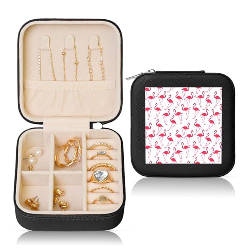 ZhanMg Quadratische Schmuckschatulle aus Leder mit rosa Flamingo-Muster, ideale Reiseaufbewahrung für Ringe, Ohrringe, Halsketten, Armbänder – herausnehmbares Pad von ZhanMg