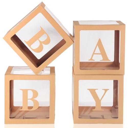 Zhanmai 4 Stück braune Bär-Baby-Boxen mit Buchstaben für Babyparty, neutrale braune klare Ballon-Baby-Shower-Blockboxen für Jungen und Mädchen, Dschungelsafari, Geschlechtsoffenbarung, von Zhanmai