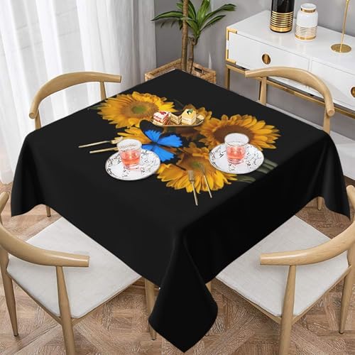 ZhaoYuGoods Dekorative Tischdecke, bedruckt, gelbe Sonnenblumen mit blauen Schmetterlingen, wasserabweisend, Polyester-Tischdecke für Zuhause, Küche, Innenbereich, 137 x 137 cm von ZhaoYuGoods