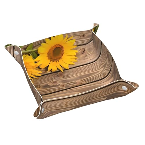 ZhaoYuGoods Schmucktablett aus Holz, mit drei Sonnenblumen auf Holz, bedruckter PVC-Leder-Organizer für Eingangsbereich, Schreibtisch und Kommode, vielseitige Aufbewahrungsbox für Schlüssel, Uhren und von ZhaoYuGoods