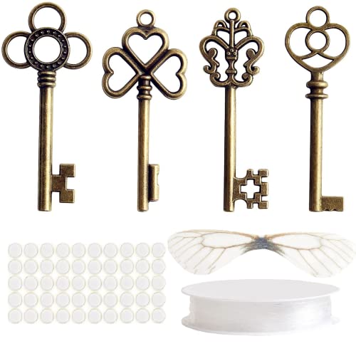 32 Stück Vintage Master Key Flying Key Charm mit 32 Paar Libellenflügeln und 25 m elastischer Kristallkordel für die DIY-Schmuckherstellung, Hochzeitsfeier, Geschenk, Raumdekoration von Zhaocaigui