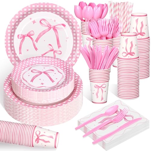 Zhehao 200 Stück rosa Schleife Geburtstag Party Supplies Rosa Schleife Party Dekorationen Severs 25 Gäste Rosa Schleife Teller Becher Gabeln Löffel Messer Strohhalme Servietten Rosa Schleife Party von Zhehao