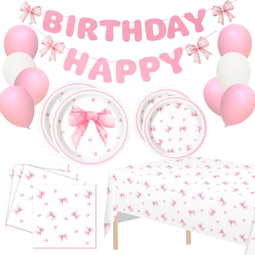 Zhehao 66 Stück kokette rosa Schleife Geburtstag Party Zubehör beinhaltet 17,8 cm 22,9 cm rosa Schleife Pappteller und Servietten Sets Happy Birthday Banner rosa Schleife Tischdecke für Kokette von Zhehao