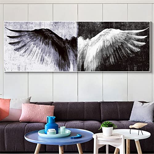 Zheynn Diamond Painting Schwarze und weiße Flügel,5D DIY Diamant Painting Bilder für Erwachsene Und Kinder, Vollbohrer Kristall Strass Stickerei Kreuzstich Mosaik Gemälde für Home Wand Décor 30x90cm von Zheynn