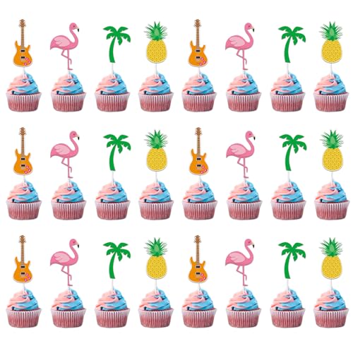 24 Stück Hawaii Cupcake Topper, Flamingo Cupcake Topper, Ananas Palmblatt Aloha Kuchen Topper, Cupcake Topper Sommer Strand Torten Dekoration, Tropical Hawaii Deko Kuchen für Sommerparty Deko von Zhlearda