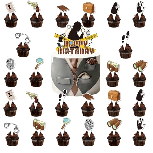 25 Stück Detective Kuchen Dekorationen, Detective Cake Toppers, Detective Happy Birthday Tortendeko, Cupcake Topper Geburtstag, Detective Thema Party Dekoration Geburtstagsparty Zubehör von Zhlearda