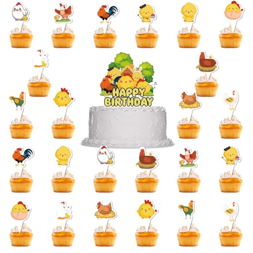 25 Stück Huhn Tortendeko, Huhn Happy Birthday Cake Topper, Huhn Cupcake Topper, Cartoon Muster Kuchen Dekoration, Huhn Theme Inspiriert Tortenaufleger für Kinder Bauernhoftiere Geburtstag von Zhlearda