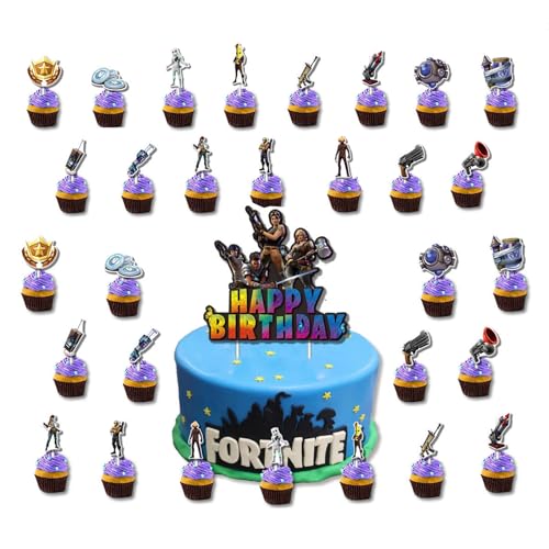 32 Stück Spiel Thema Geburtstag Tortendeko, Spiel Thema Tortenstecker, Happy Birthday Tortendeko, Cupcake-Dekoration, Videospiel Torten Deko für Kindergeburtstage und Spielepartys von Zhlearda