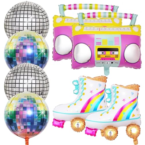 8 Stück Folienballon Disco, Regenbogen Rollschuh Luftballons, Folienballon Radio BoomBox, Discokugel Silber, Bunte Disco Ballon, 80er 90er Retro Ballon Set für Disco Mottoparty für Party von Zhlearda