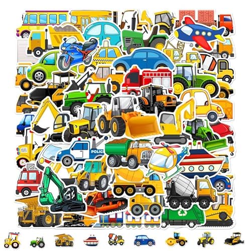 Bagger Sticker Kinder Set, 120 Stück Cartoons Fahrzeuge Aufkleber, Traktor Aufkleber Baustelle, Wasserdichte Vinyl Stickers, Auto Sticker Kinder für Laptop, Koffer, Skateboard, für Mitgebsel von Zhlearda