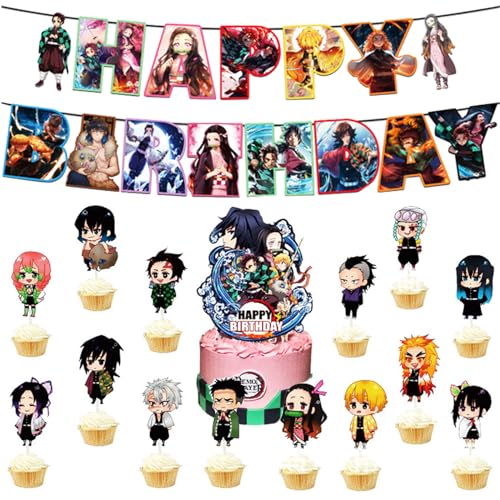 Demon Slayer Tortendeko, 16Pcs Geburtstagsdeko, Happy Birthday Banner, Anime Muffin Deko, Thema Party Deko, Kuchen Deko, Party Deko Geburtstag, Tortenaufleger für Kinder Junge Mädchen Party Zubehör von Zhlearda