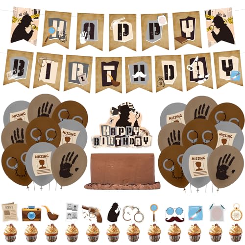 Detective Geburtstag Dekorationen, 32 Stück Detective Party Dekorationen, Detective Geburtstagsdeko Set, Detective Happy Birthday Banner Cupcake Toppers Ballons, Detective Party Dekorationen von Zhlearda