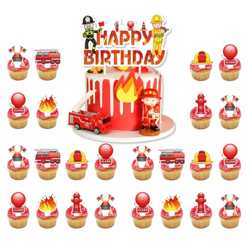 Feuerwehrmann Tortendeko, 25 Stück Fireman Cupcake Toppers Set, Feuerwehrmann Tortendeko Geburtstag, Feuerwehr Cupcake Topper, Happy Birthday Torte Deko für Fireman Deko Geburtstag Zubehör von Zhlearda