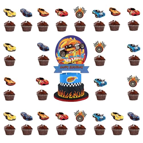 Racing Car Cupcake Toppers, 25 Stück Racing Cars Tortendeko, Rennwagen Cake Topper, Happy Birthday Tortendeko, Muffin Deko, Rennthema Geburtstag Tortenstecker für Kinder Geburtstagsparty von Zhlearda