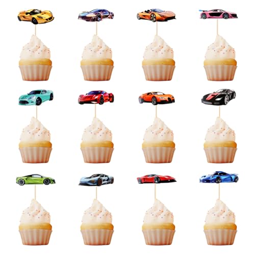 Sportwagen Car Cupcake Toppers, 36 Stück Rennwagen Tortendeko, Rennthema Geburtstag Tortenstecker, Cupcake Topper Auto, Tortendeko Kindergeburtstag, für Jungen Geburtstagsfeier Partys von Zhlearda