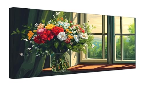 Fensterstrauß Malen Nach Zahlen Erwachsene, DIY Vorgedruckte Leinen Leinwand Anfänger Kinder Ölgemälde Kits, Home Haus Dekorieren Geschenk mit 3 Pinsel und Acrylpigment, 25x50cm (Ohne Rahmen) Z-78 von Zhlpjecc