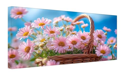 Gänseblümchen-Blumenkorb Malen Nach Zahlen Erwachsene, DIY Vorgedruckte Leinen Leinwand Anfänger Kinder Ölgemälde Kits, Home Haus Dekorieren mit 3 Pinsel und Acrylpigment, 25x50cm (Ohne Rahmen) Z-74 von Zhlpjecc