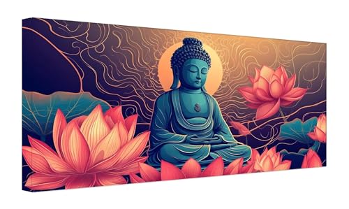 Zen-Lotus Malen Nach Zahlen Erwachsene, DIY Vorgedruckte Leinen Leinwand Anfänger Kinder Ölgemälde Kits, Home Haus Dekorieren Geschenk mit 3 Pinsel und Acrylpigment, 25x50cm (Ohne Rahmen) Z-42 von Zhlpjecc